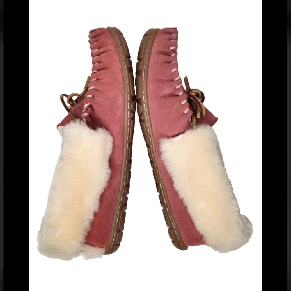 NEW LL Bean Wicked Good Slippers Moccasins Pink Leather Suede Real Lamb Fur 7M - Picture 3 of 11